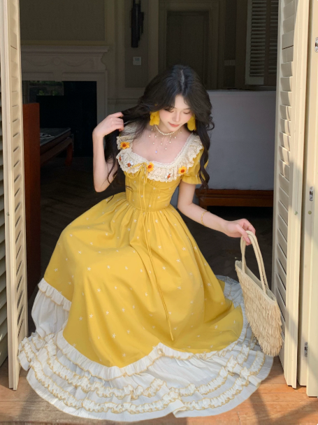 Vibrant Bright Yellow A-Line Square Polka Dots Corset Maxi Prom Dress Birthday Dress RS612