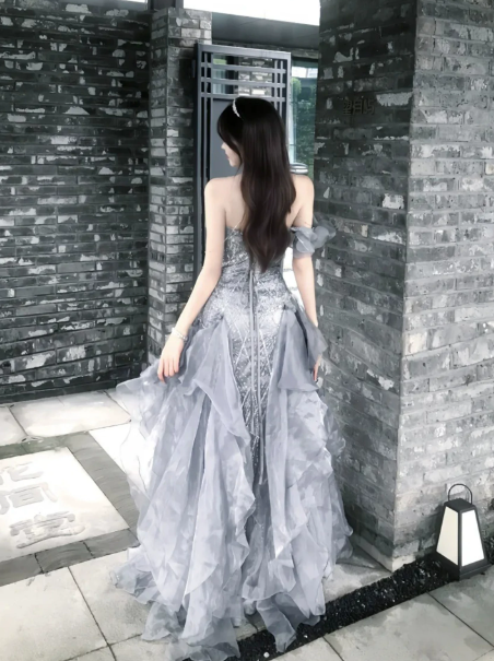 Elegant Sliver A-Line One-shoulder Corset Maxi Prom Dress Party Dress RS615