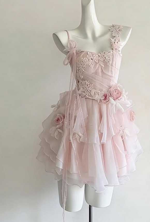 Sweet Blush Pink A-Line Spaghetti Straps Applique Corset Mini Birthday Dress Homecoming Dress RS617
