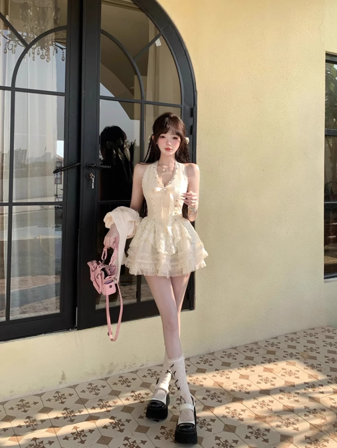 Pure desire style V-neck beaded halter dress 2025 lace waist tutu skirt R1392