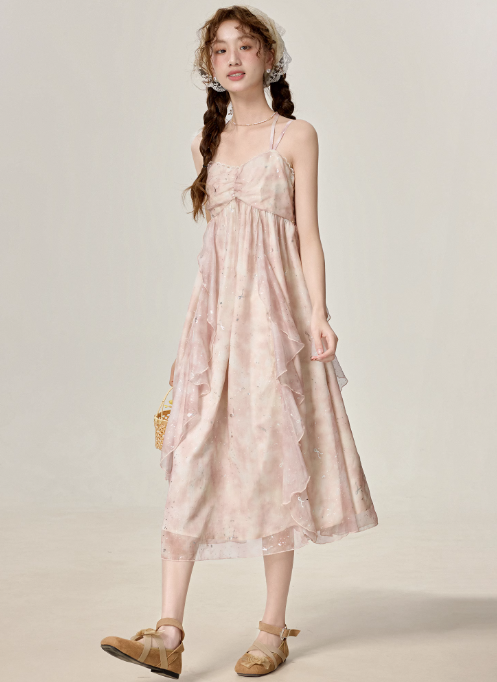 Temperament super fairy pink floral suspender dress beautiful holiday dress R1915