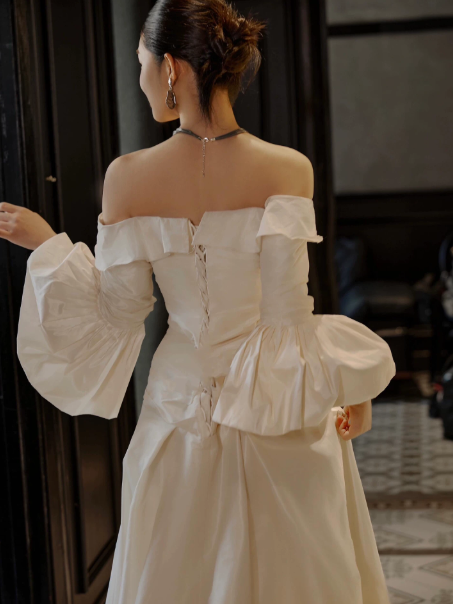 French Chic Ivory Bateau A-Line Satin Silky Corset Maxi Wedding Dress RS2512