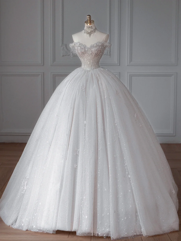 White strapless diamond bridal gown with slim waist and puffy skirt R6012