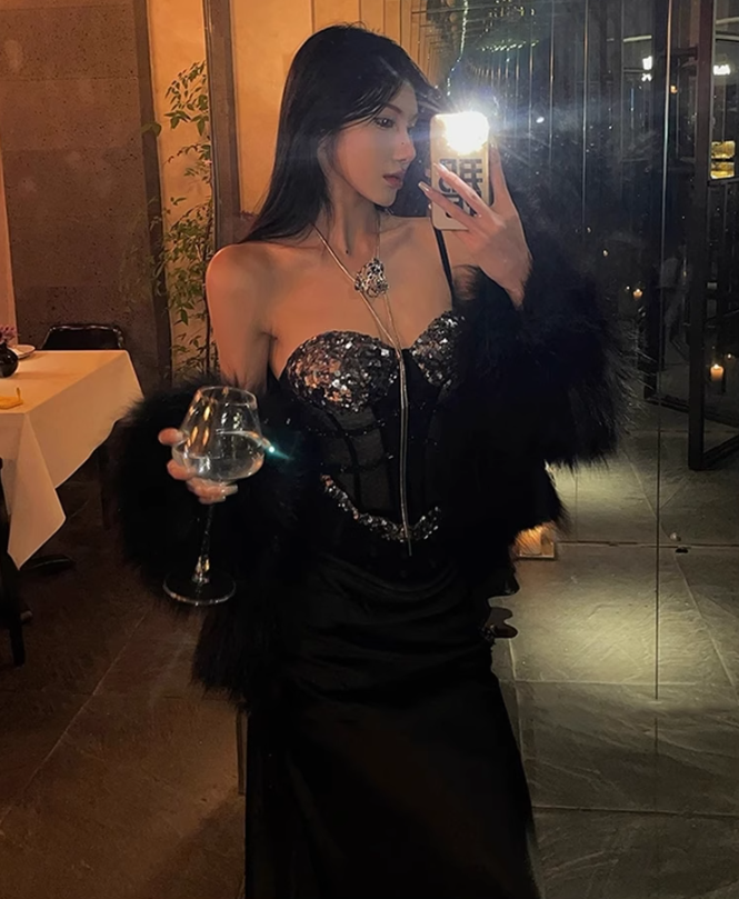 Large size French pure desire heavy sequined fishbone bra temperament hip skirt suit R1852