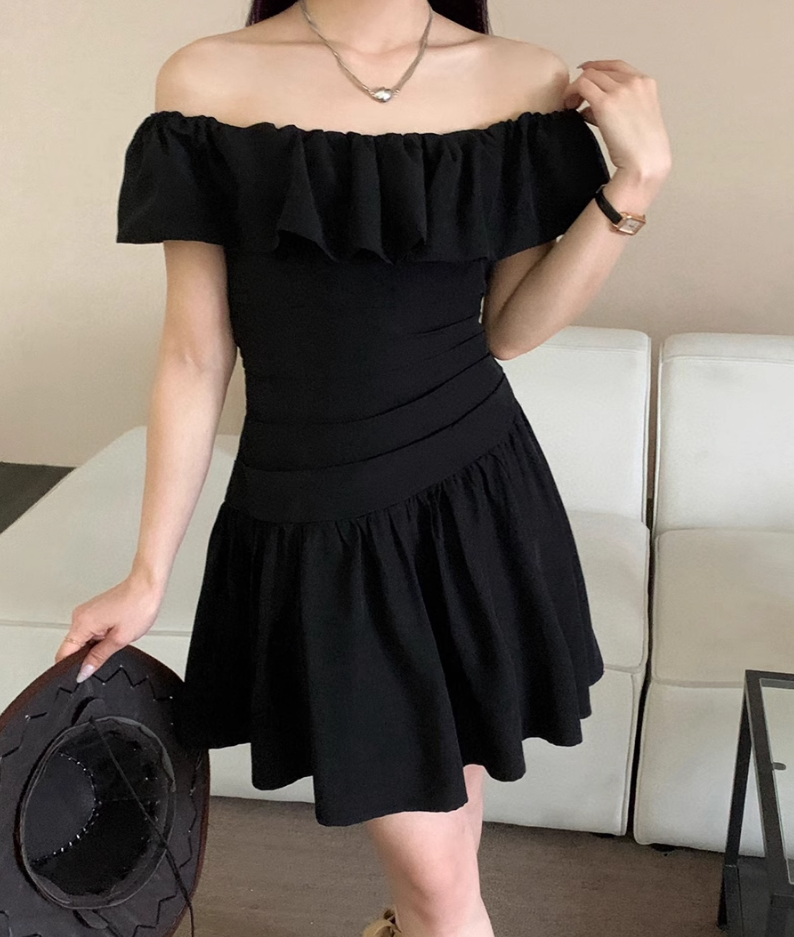 Pleated age-reducing one-shoulder flying sleeves two-way dress R2093