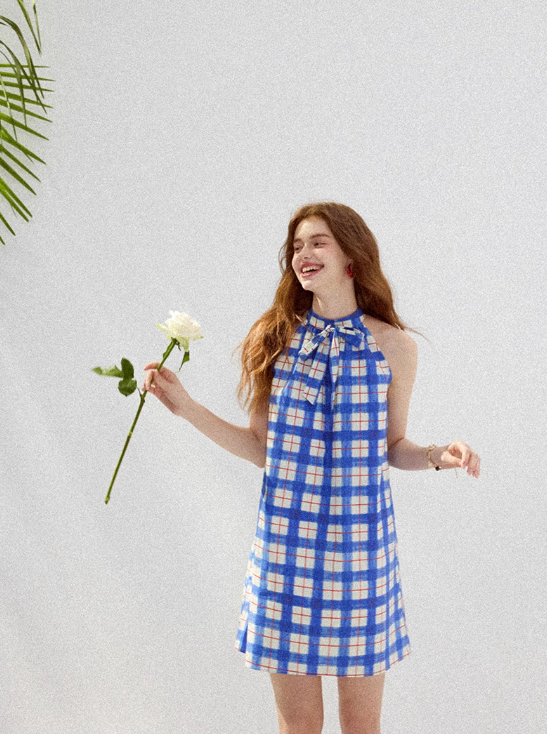 Plaid dress halter neck suspender skirt short skirt vacation wear skirt women summer R3455