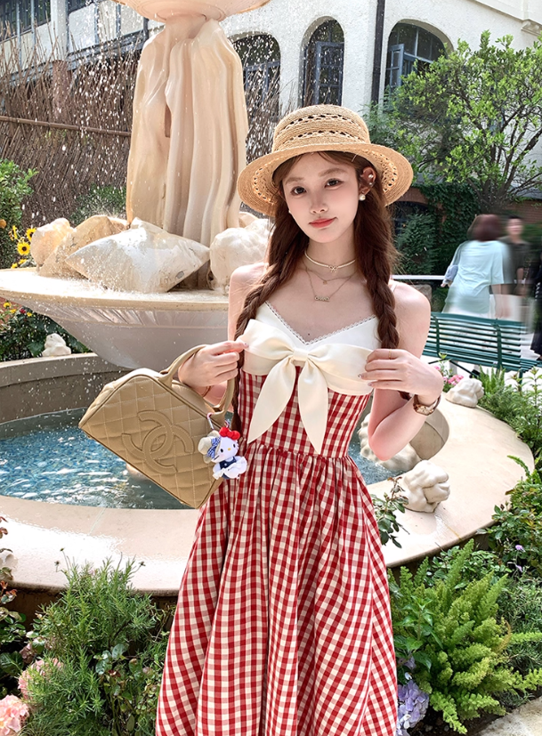 Long red plaid v-neck suspender dress for women summer French temperament skirt R4829
