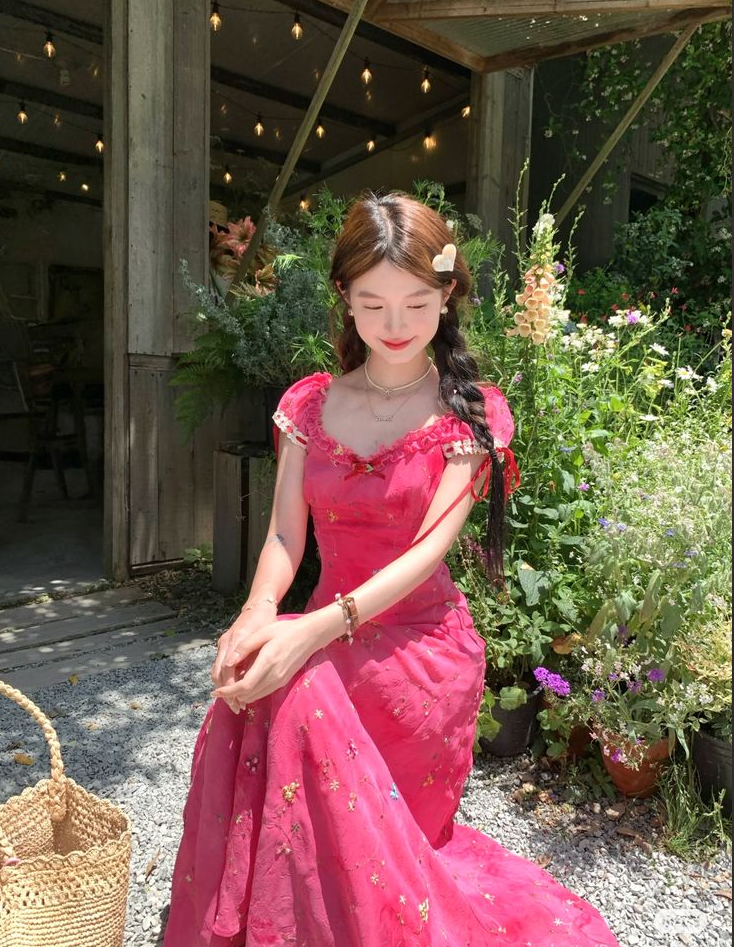 Pink cute slim waist lace design long skirt homecoming dress R3269