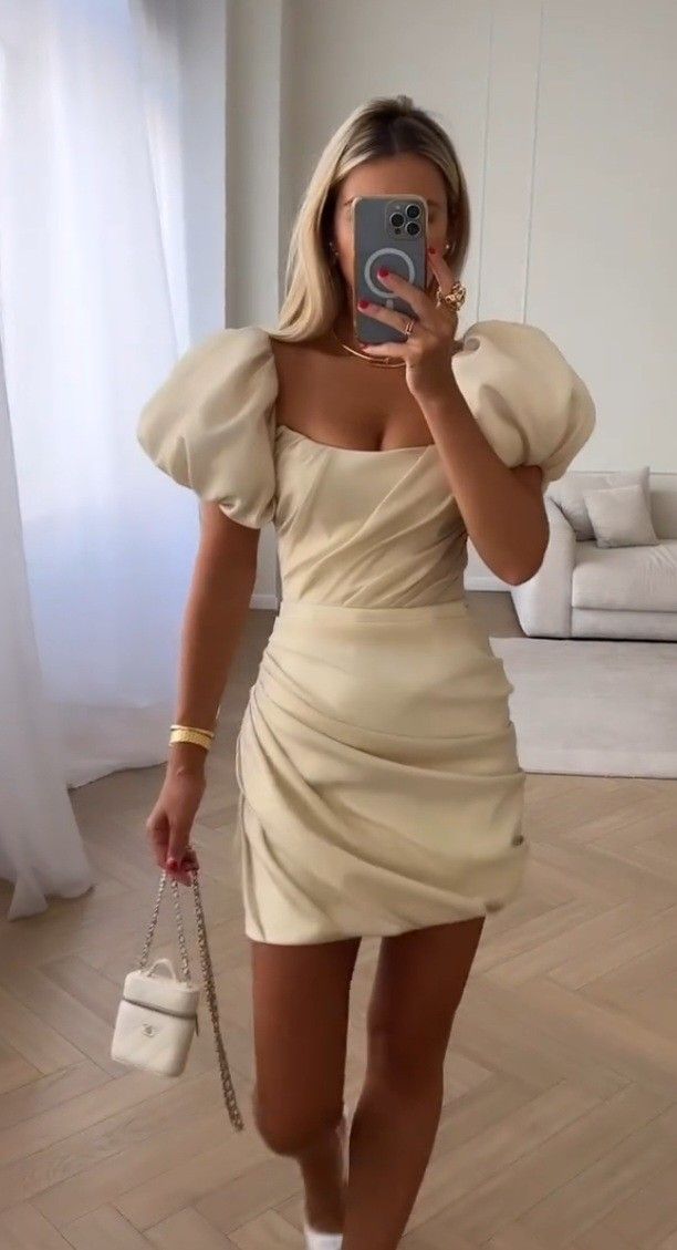 Champagne Puff Sleeve A-Line Slim Princess Dress homecoming dress R2412