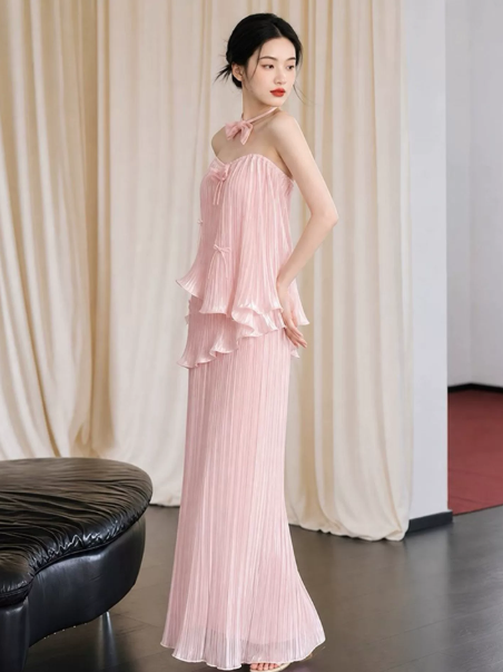 Chiffon Flowy Tiered Corset Prom Gown , Pink Sweet Women's Maxi Party Dress RS2518