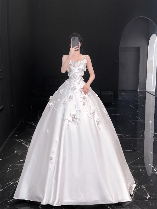 White suspender satin three-dimensional flower waist slim fit puffy skirt bridal dress R6013