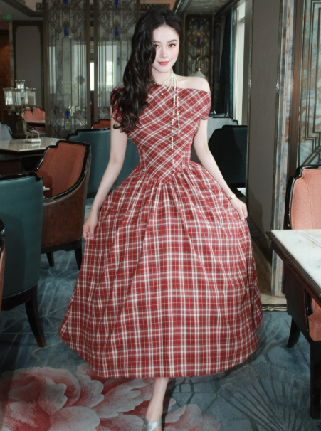 Retro Red Plaid A-Line Bateau Corset Midi Prom Dress Summer Dress RS629