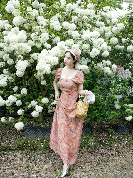French Retro Orange Floral A-Line Square Corset Maxi Women Dress RS630