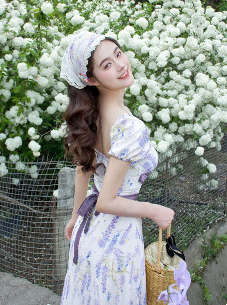 French Retro Lavender Floral A-Line Square Corset Maxi Women Dress RS631
