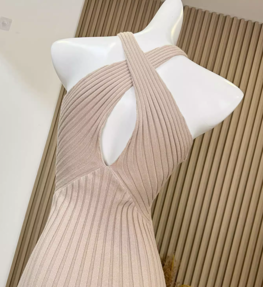 Temperament pure desire style cross halter neck sexy hip dress slim hollow knitted long skirt R0291