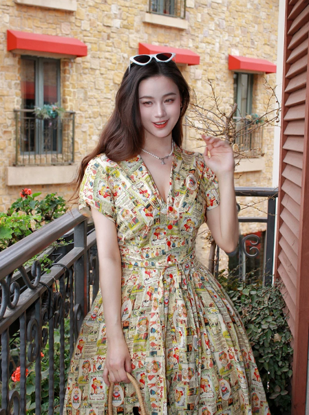 French Retro Floral A-Line V-neck Corset Midi Women Dress Prom Dress RS632