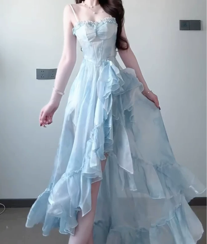 Elegant Pale Blue A-Line Spaghetti Straps Asymmetrical Hem Maxi Prom Dress RS639