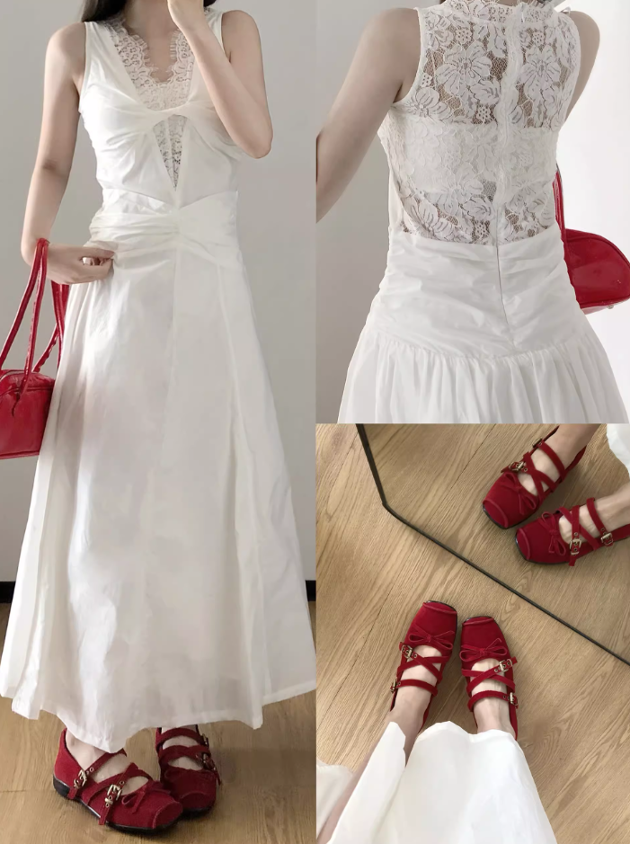 White v-neck lace dress is a niche style, beautiful waist temperament long skirt R0466