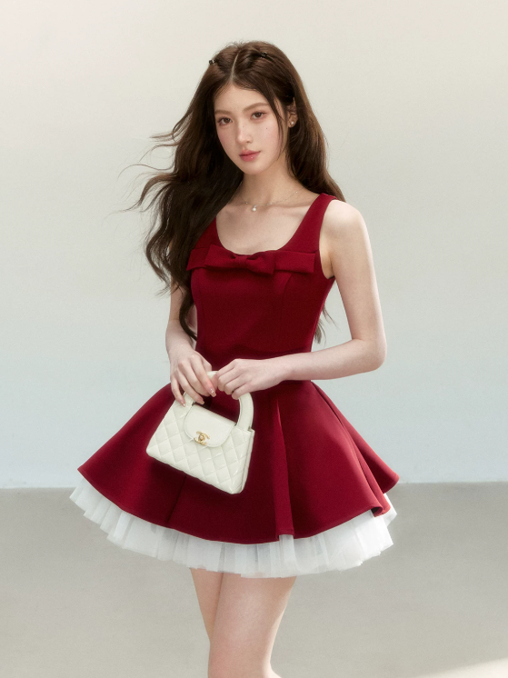 Red Sleeveless Dress with Bow Detail, Flared Skirt and Tulle Underskirt R9222