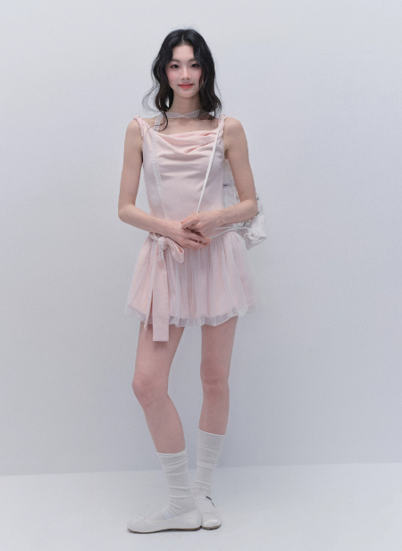 Pink Off The Shoulder Mini Dress Women With Lace Choker And Tulle Skirt R9443