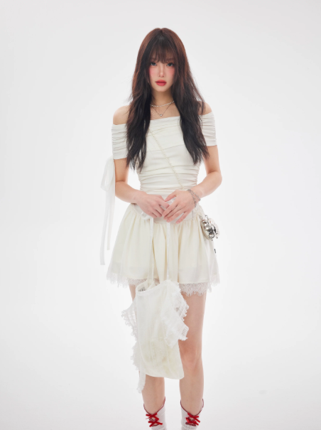 French Mini Dress, White Off-Shoulder Ruched Bodycon With Lace Hem R9380