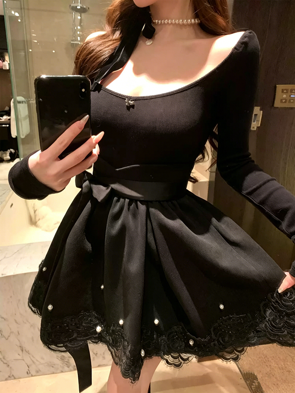 Balletcore Off-Shoulder Lace Trim Mini Dress with Bow Waist R9165