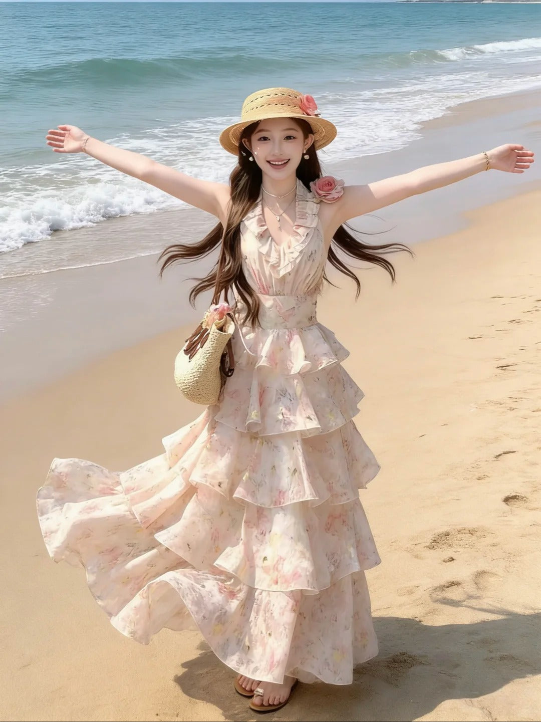 Ruffle V-Neck Floral Chiffon Vacation Dress R9123