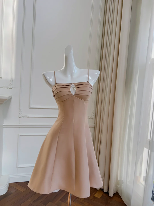 Light brown suspender waist slim A-line mid-length skirt homecoming dress R5219