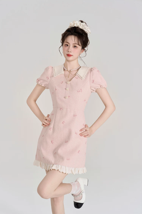 Feminine Pink Tweed Dress with Peter Pan Collar, Girly Puff Sleeve Embroidered Mini Dress for Women R9327
