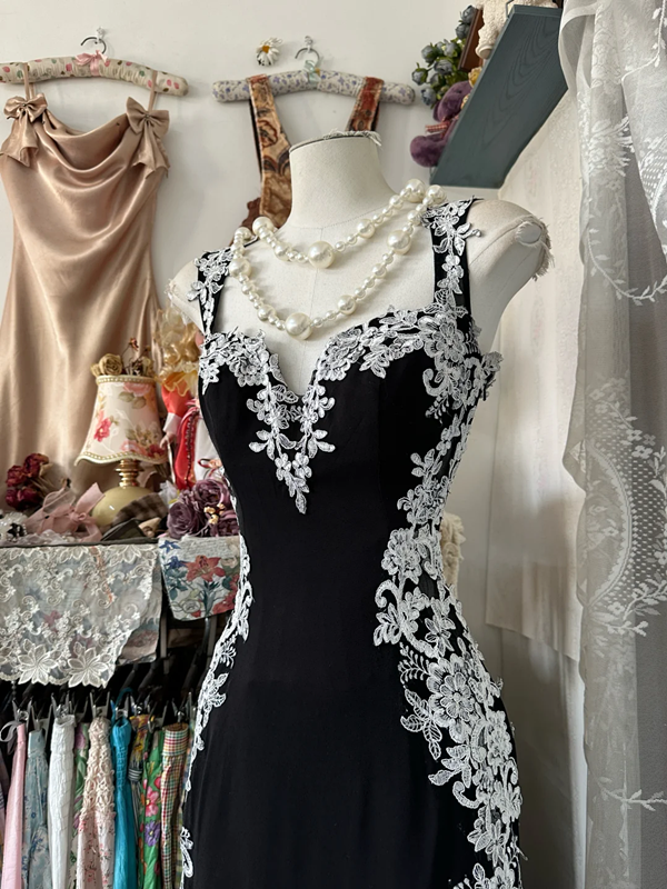 Black suspender waist slim sexy white lace maxi ball gown R6130