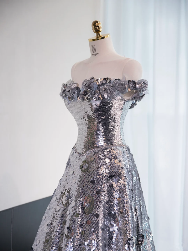 Silver off-the-shoulder fitted long ball gown R8975