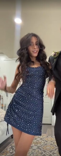 Navy blue suspender diamond waist slim A-line short skirt homecoming dress R5538