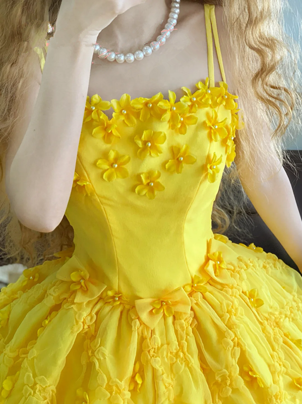 Yellow Spaghetti-Strap Waist-Cinched Puffy-Hem Ball Gown, Bridal Gown R7322