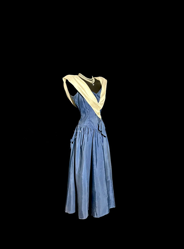 Blue satin fitted A-line ball gown R6609