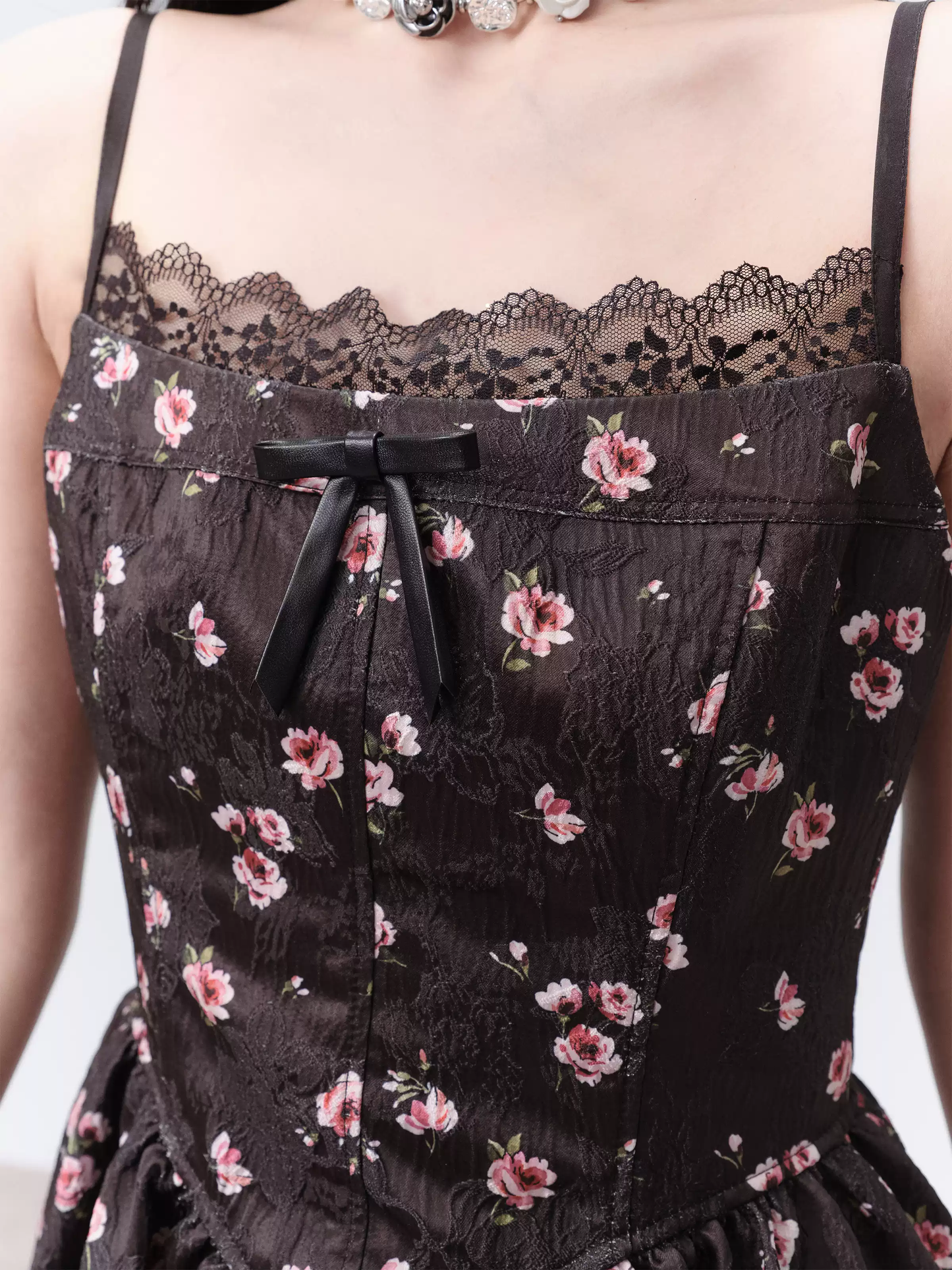 Black Floral Print Cami Dress Women With Lace Trim And Bow Detail R9449