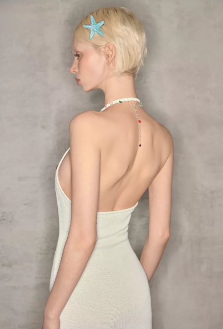 Fairycore White Knitted Halter Dress With "Woo Ha" Embroidery And Bodycon Fit R9280