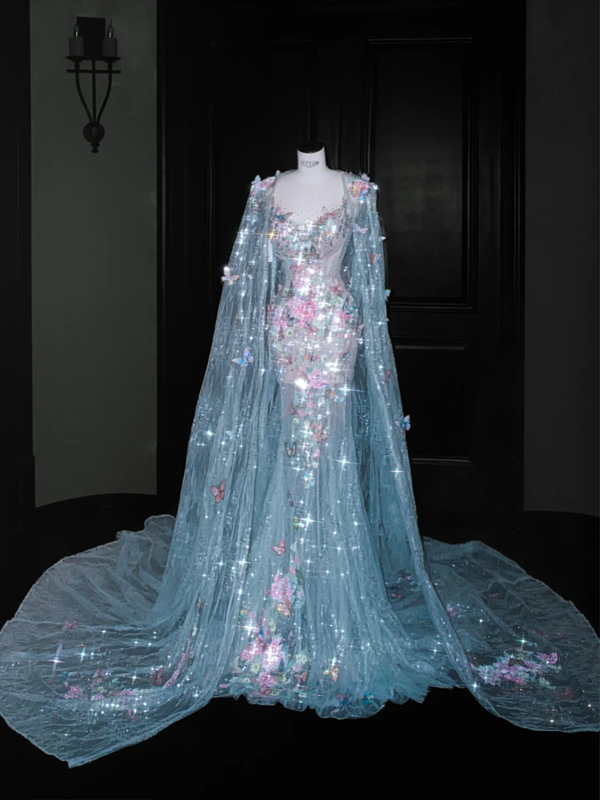 Pink floral butterfly waist slim fit sexy hip fishtail maxi skirt, prom dress R5654