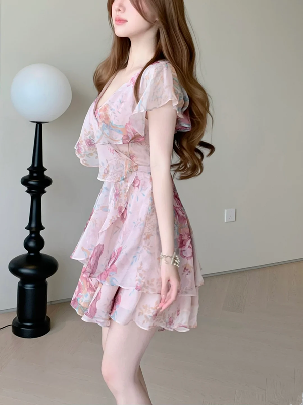 Pink floral V-neck slim waist A-line chiffon skirt R5032
