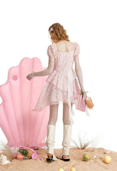 Romantic Pink Floral Dress With Puff Sleeves, Asymmetric Hem And Chiffon Accents R9313