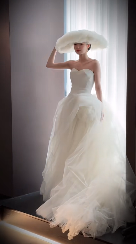 White tube top elegant waist slim tulle skirt hem bridal dress R6050