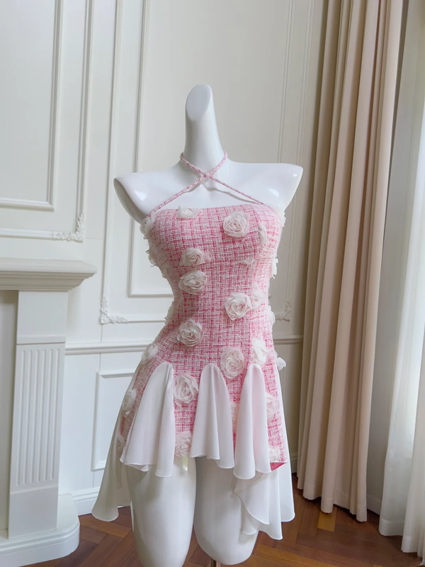 Pink plaid halterneck waist irregular skirt short skirt homecoming dress R5179