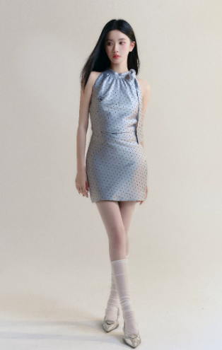 Grey Polka Dot Halter Neck Mini Dress Women With Bow Tie And Ruched Waist R9435