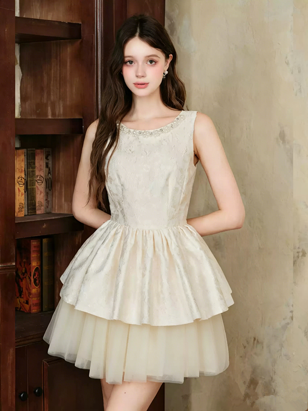 Elegant Off-White Jacquard Dress with Rhinestone Embellished Neck R9210