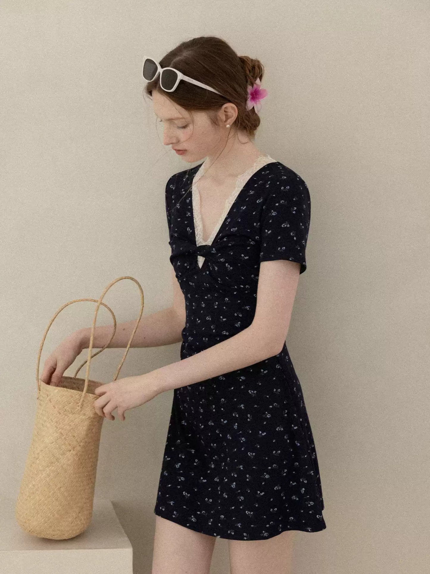 Casual Short Sleeve Floral Dress with Elastic Waist R9169