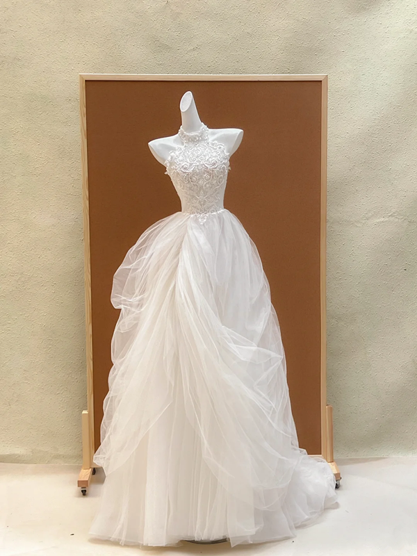 White lace halterneck waist tulle skirt long dress bridal gown R5736