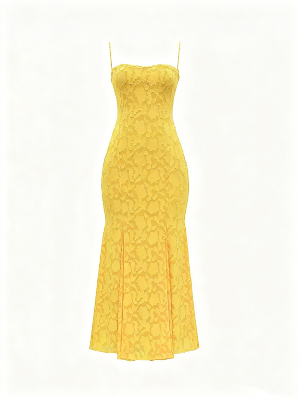 Yellow Floral Jacquard Mermaid Maxi Dress with Lace-Up Back R9137