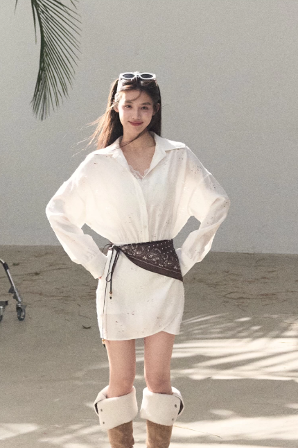 Western Style Off-White Eyelet Embroidered Shirt Dress with Waist Tie R9363