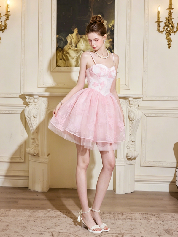 Corset Style Pink Floral Tulle Dress with Spaghetti Straps R9209