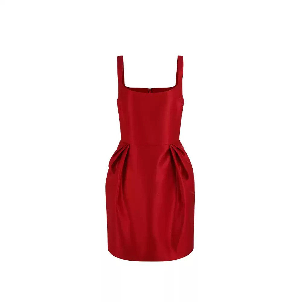 Elegant Cocktail Mini Dress Square Neck Waist Pleat Detail Satin R9187