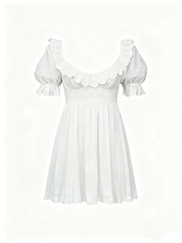 White Puff Sleeve Ruffled Babydoll Mini Dress R9138